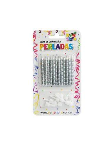 VELAS PERLADAS TORNEADAS PLATEADO x12 VTM6PL