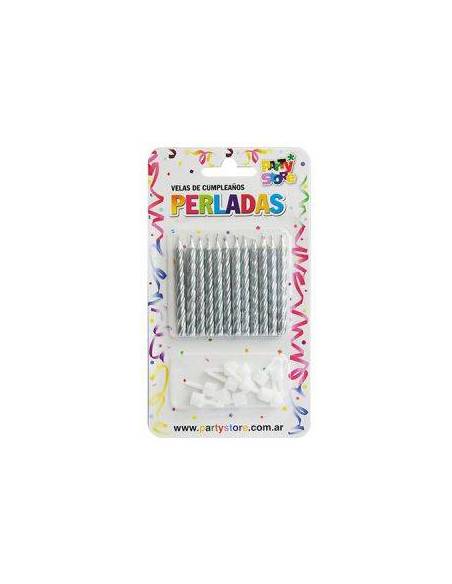 VELAS PERLADAS TORNEADAS PLATEADO x12 VTM6PL