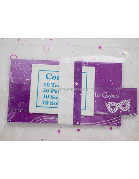 INVITACIONx10 15 AÑOS ANTIFAZ PLUMA LILA