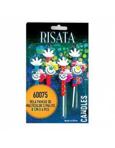 VELA PAYASO 3D MULTICOLOR CON PALO 8cm x 4 PCS