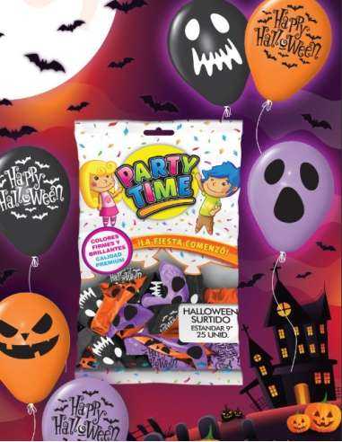 GLOBOS PRTYTM 9" STANDARD SURTIDOS HALLOWEEN x25