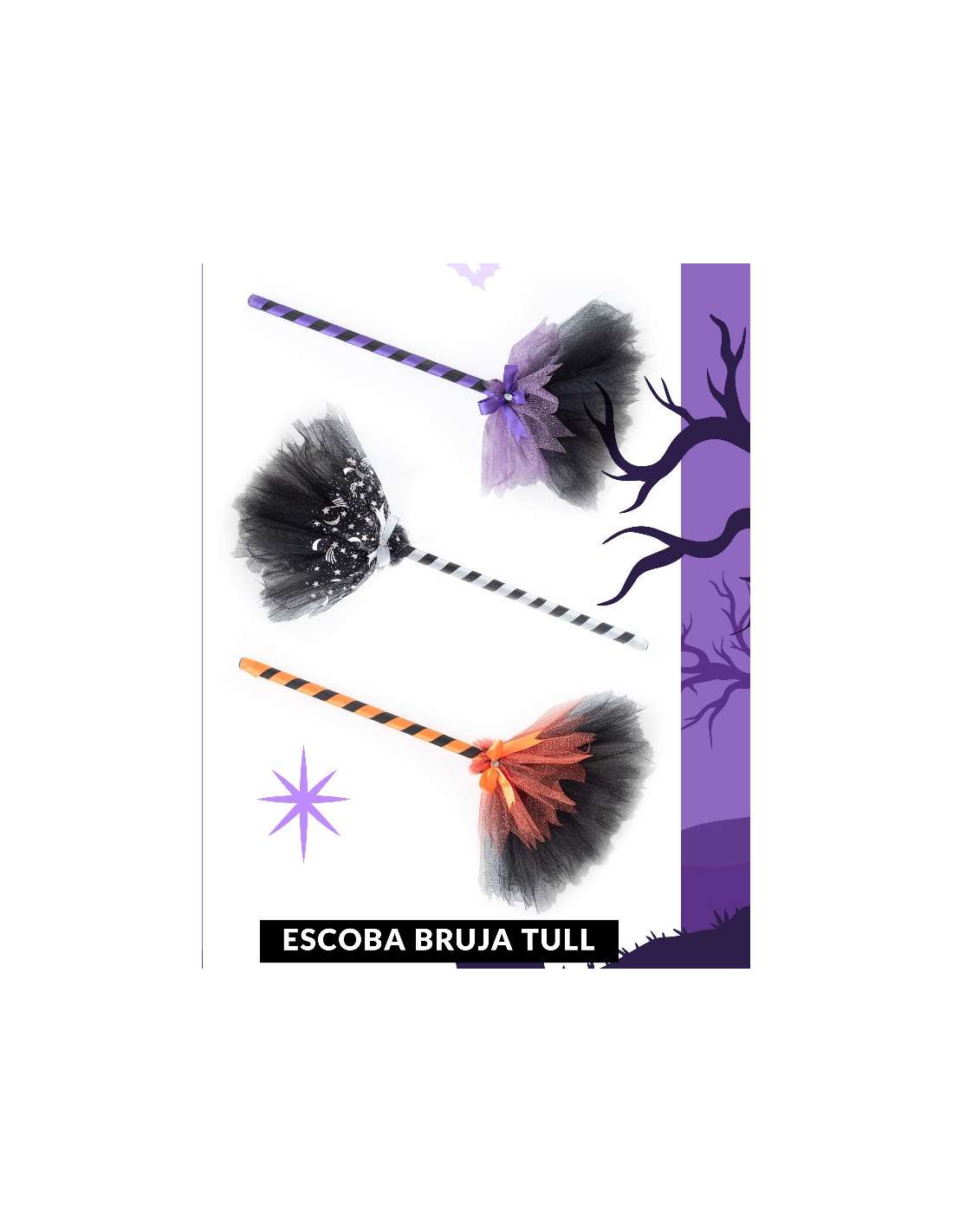 Escoba de Bruja Naranja de Tul, 55 cm