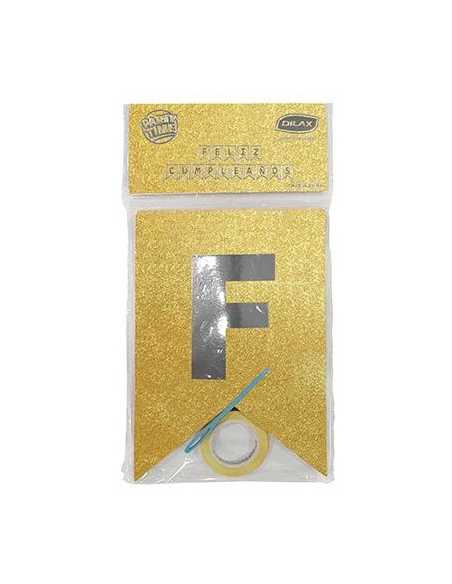 PRTYTM BANDERIN GLITTER DORADO PLATA FELIZ CUMPLEAÑOS