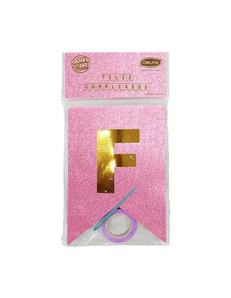 PRTYTM BANDERIN GLITTER ROSA DORADO FELIZ CUMPLEAÑOS