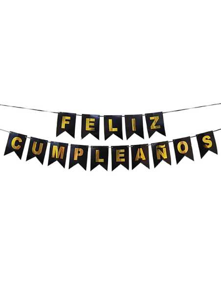 PRTYTM BANDERIN GLITTER NEGRO DORADO FELIZ CUMPLEAÑOS