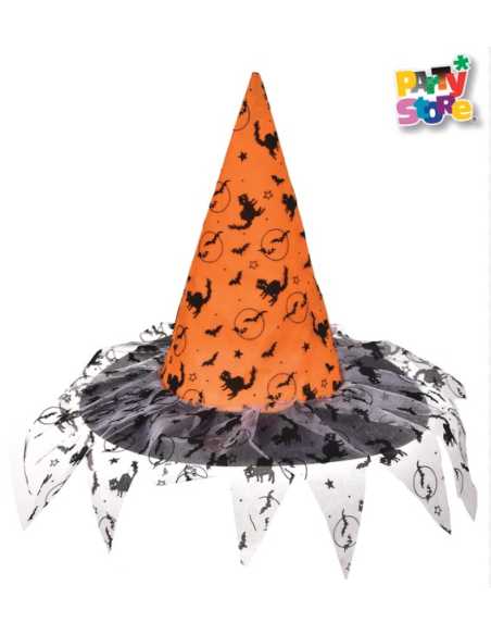 GORRO BRUJA BICOLOR CON TELA NARANJA DISEÑO NEGRO