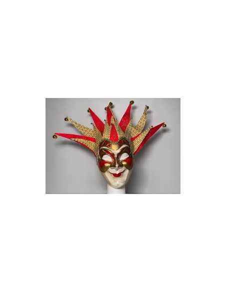 MASCARA VENEZIA BUFON CON CASCABELES ROJO Y DORADO