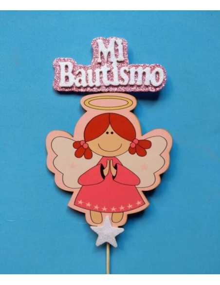ADORNO DE FIBROFACIL 15cm CON PINCHE ANGELITO MI BAUTISMO ROSA