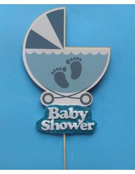 ADORNO DE FIBROFACIL 15cm CON PINCHE COCHECITO BABY SHOWER CELESTE