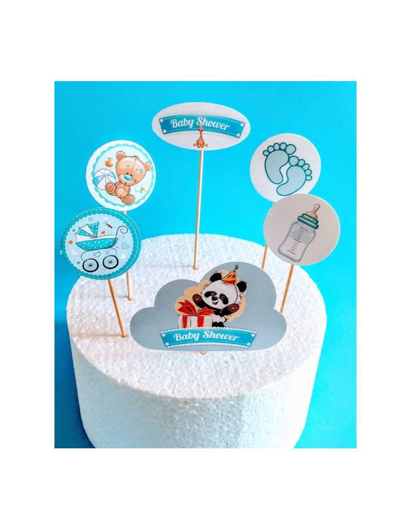 ADORNOS MINI PROPS PARA TORTAS BABY SHOWER CELESTE 6 ARTICULOS