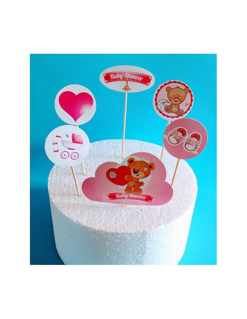 ADORNOS MINI PROPS PARA TORTAS BABY SHOWER ROSA 6 ARTICULOS