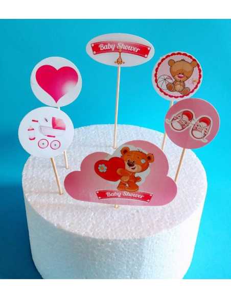 ADORNOS MINI PROPS PARA TORTAS BABY SHOWER ROSA 6 ARTICULOS