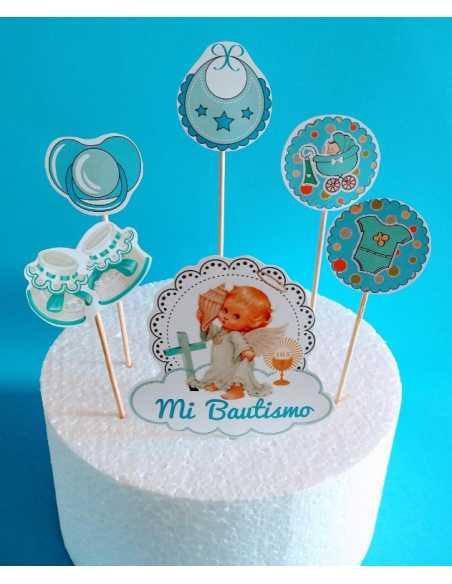 ADORNOS MINI PROPS PARA TORTAS BAUTISMO CELESTE 6 ARTICULOS