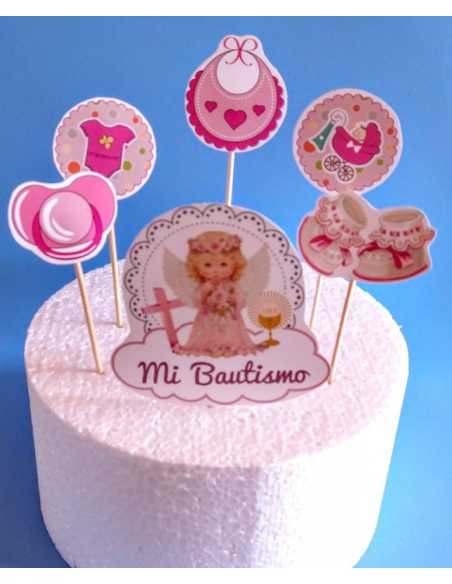 ADORNOS MINI PROPS PARA TORTAS BAUTISMO ROSA 6 ARTICULOS