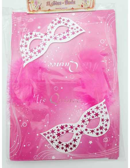 INVITACION 15 AÑOS ANTIFAZ PLUMA ROSA x10