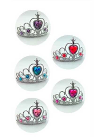 CORONA PLASTICA PLATEADA CON CORAZON Y GEMAS COLORES SURTIDOS x1
