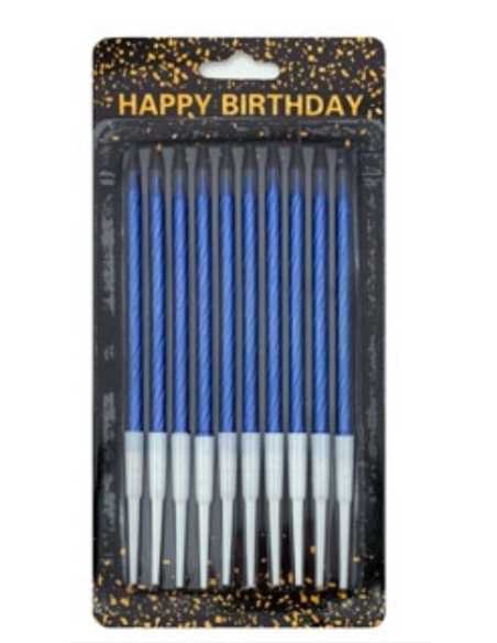 VELA METALIZADA TORNEADA Con PORTAVELA 13cm AZUL x10