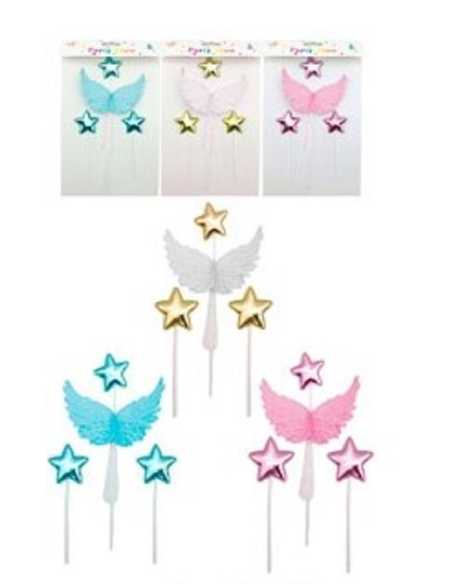 CAKE TOPPER ALAS DE ANGEL 3D Y ESTRELLAS COLORES SURTIDOS x1