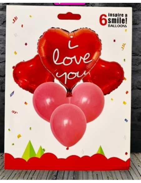 SET 6 GLOBOS CORAZON MET LATEX I LOVE YOU LETRAS ROJAS x1
