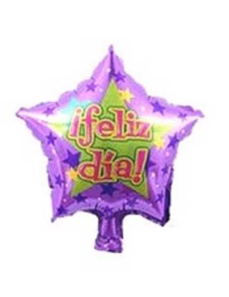 GLOBO METALIZADO 10" 25cm FELIZ DIA ESTRELLA VIOLETA Y VERDE x1