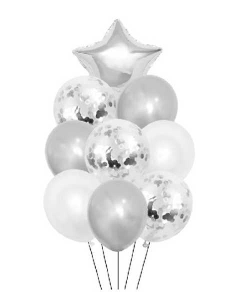 PROMO SET 9 GLOBOS METALIZADO ESTRELLA Y LATEX SETS PLATA x1