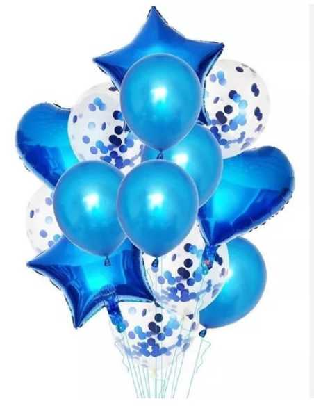 SET 14 GLOBOS CORAZON ESTRELLA METALIZADO LATEX AZUL x1