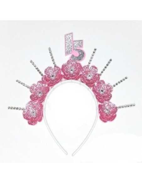 VINCHA MIS 15 CON FLORES ROSA Y DECO PLATA x1