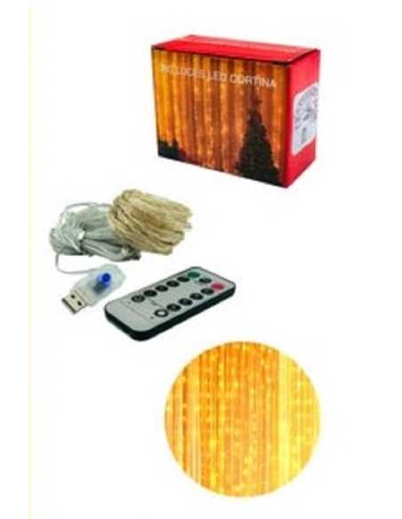 CORTINA LED 300 LUCES 3x2m 8 TIRAS LLUVIA C/CONTROL REMOTO CALIDA USB
