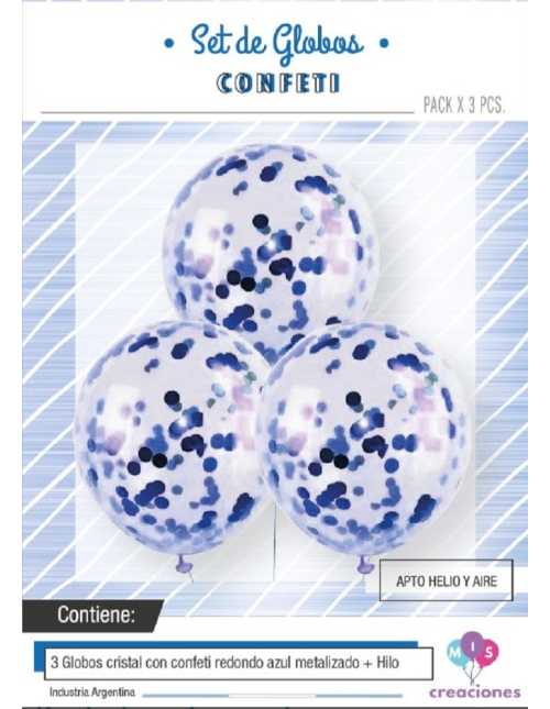 GLOBO CRISTAL CON CONFETTI METALIZADO AZUL x 3