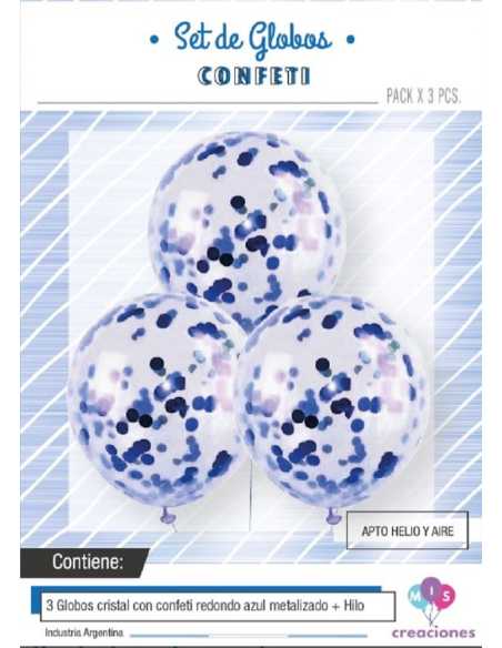 GLOBO CRISTAL CON CONFETTI METALIZADO AZUL x 3