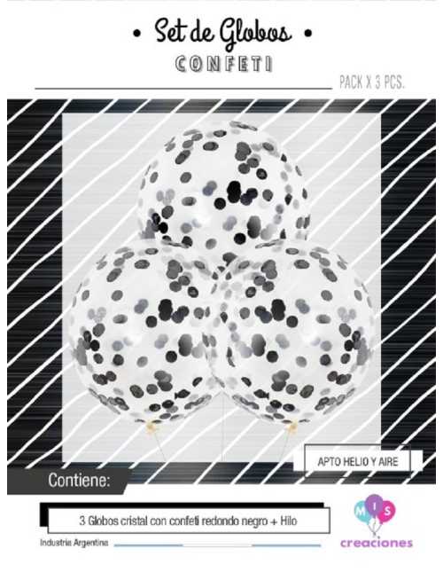 GLOBO CRISTAL CON CONFETTI METALIZADO NEGRO x 3