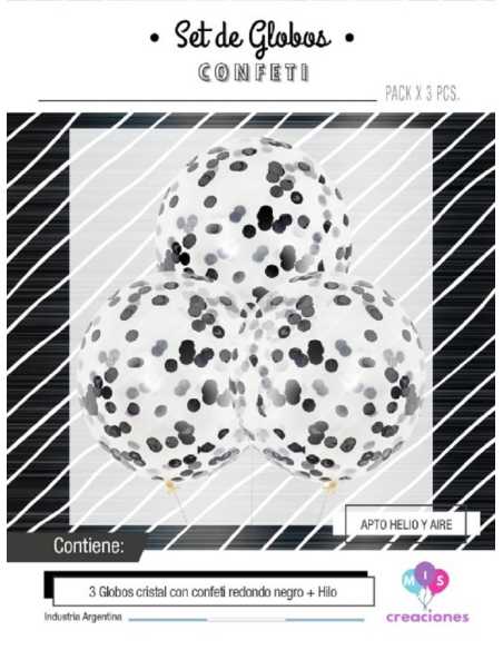 GLOBO CRISTAL CON CONFETTI METALIZADO NEGRO x 3