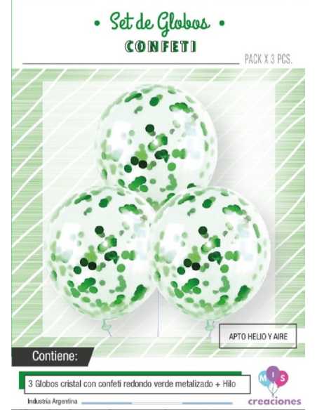 GLOBO CRISTAL CON CONFETTI METALIZADO VERDE x 3