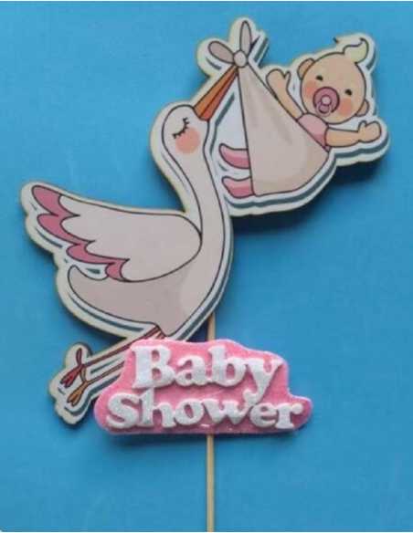 ADORNO MDF CON PINCHE CIGÜEÑA BABY SHOWER ROSA