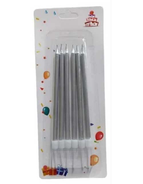VELA METALIZADA CON PORTAVELA 13cm x 50mm PLATA x6