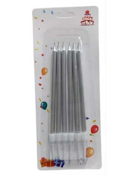 VELA METALIZADA CON PORTAVELA 13cm x 50mm PLATA x6