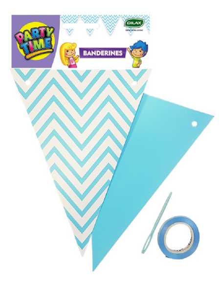 BANDERIN METALIZADO ZIGZAG CELESTE LINEAS BLANCAS