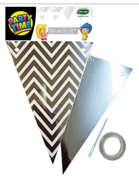 BANDERIN METALIZADO ZIGZAG PLATEADO LINEAS BLANCAS