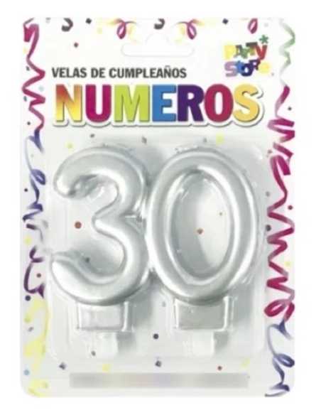 VELA NUMERO DOBLE METALIZADA PLATEADA 30 AÑOS