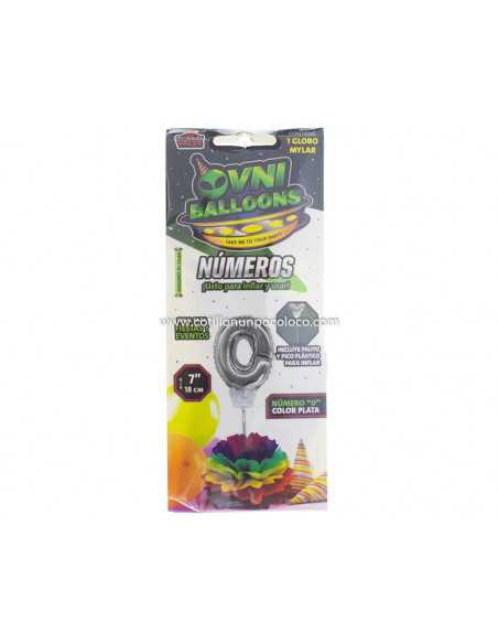 OVN-SL1 7" GLOBO NUMERO 0 PLATEADO+PALITO CON CLIP METALIZADOS