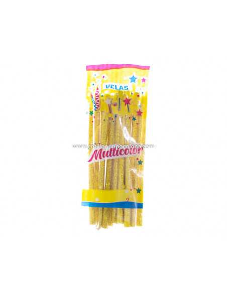 VELA FINITA CON BRILLO 14cm BOLSA x 15 DORADA