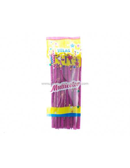 VELA FINITA CON BRILLO 14cm BOLSA x 15 FUCSIA
