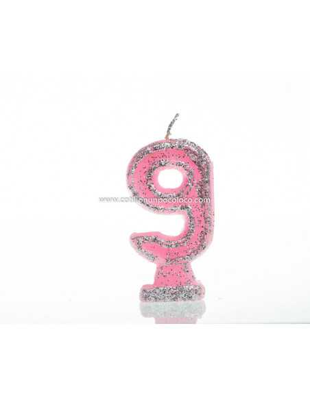 VELA NUMEROTE GRANDE 9cm CON BRILLO ROSA Nº 9