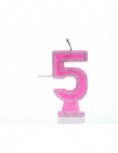 VELA NUMEROTE GRANDE 9cm CON BRILLO ROSA Nº 5