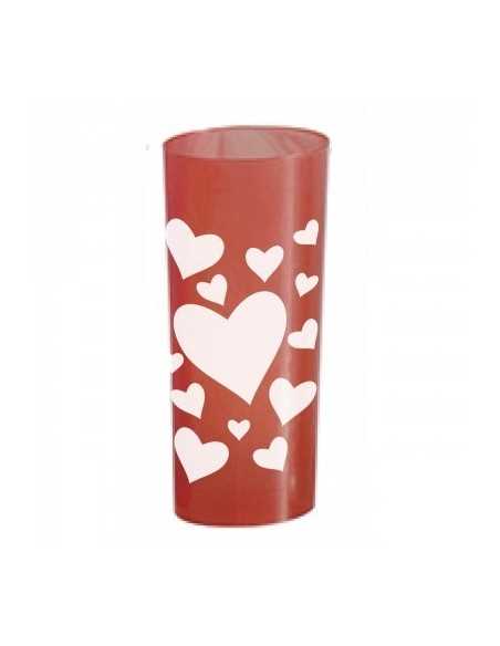 TRAGO LARGO PLASTICO 280CC CORAZON BLANCO FONDO FUCSIA